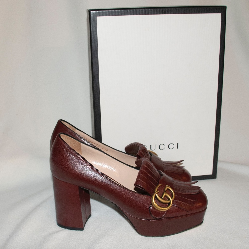 GUCCI Malaga Burgundy GG Marmont Fringe Platform Loafer